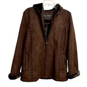 Fleet Street LTD Two Tone Brown Faux Suede Heavy Winter Hooded Coat Size M